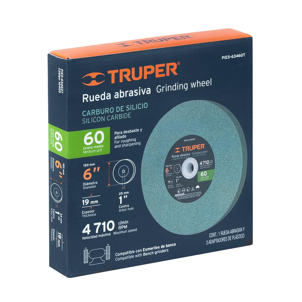 Truper PIES-63460T, Piedra para esmeril, carburo de silicio 6", grano 60, espesor 3/4", barreno 1"