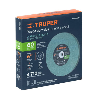 Truper PIES-63460T, Piedra para esmeril, carburo de silicio 6", grano 60, espesor 3/4", barreno 1"