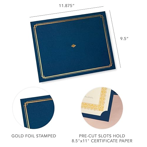 Gartner Studios 54516 - Soporte de certificado azul marino con detalles de lámina dorada, soporte de certificado azul marino para diploma, se adapta a documentos de 8.5 x 11 pulgadas, 36 unidades