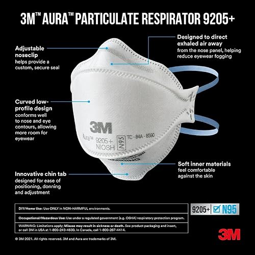 3M Aura Particulate Respirator 9205+ N95, Lightweight, 3 Panel Designed Helps Provide Comfortable and Convenient Respiratory Protection, 3-Pack