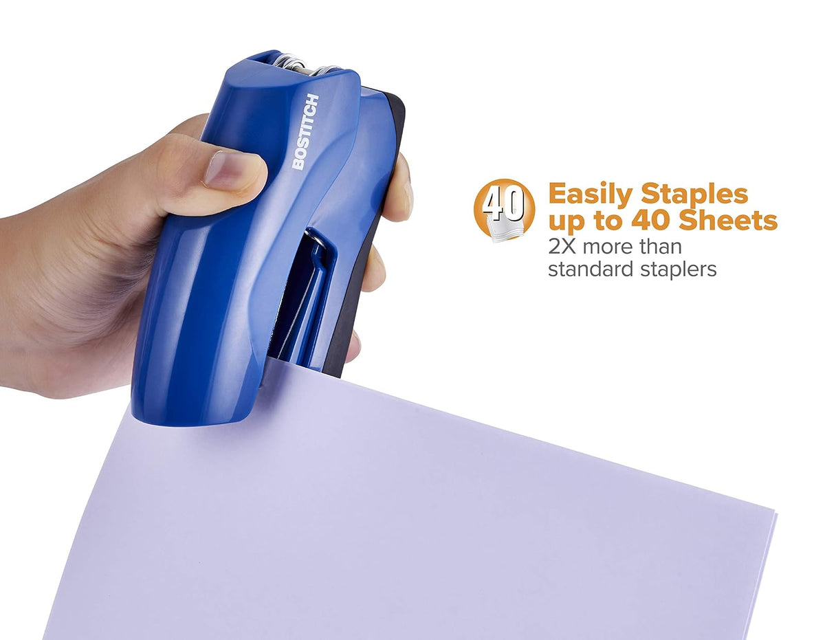 Bostitch - Grapadora de oficina resistente, capacidad de 40 hojas, sin atascos, media tira, cabe en la palma de tu mano, para aula, oficina o computadora, azul marino
