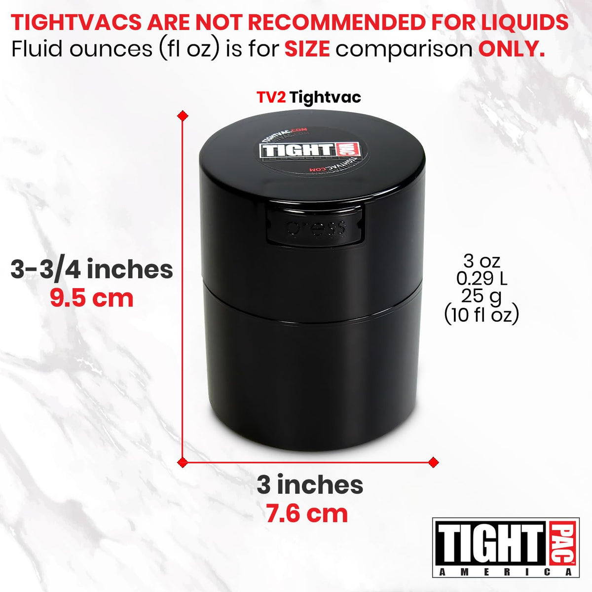 Tightvac – 14 g a 85 g hermético, multiusos, Sello de vacío, contenedor de almacenamiento portátil para artículos secos, comida, y hierbas, Negro sólido, .29-Liter/9-Fluid Ounce, 1