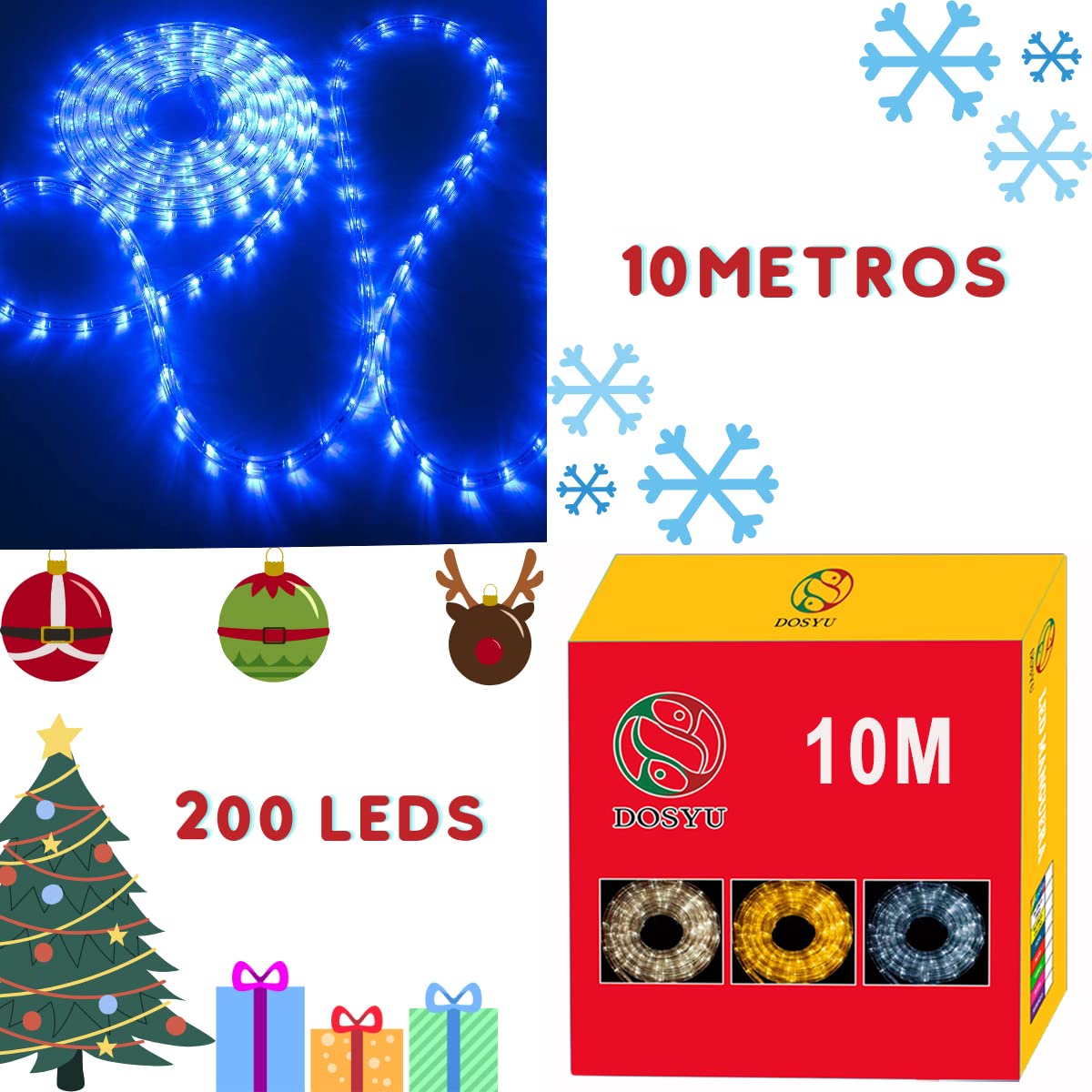 Dosyu 10M LED Navideña, 200LED 110V 2 cables Cuttable de Navidad Luces de la cuerda al aire libre, 200 LED a prueba de agua al aire libre caliente luces de la cuerda para la cubierta(Azul)