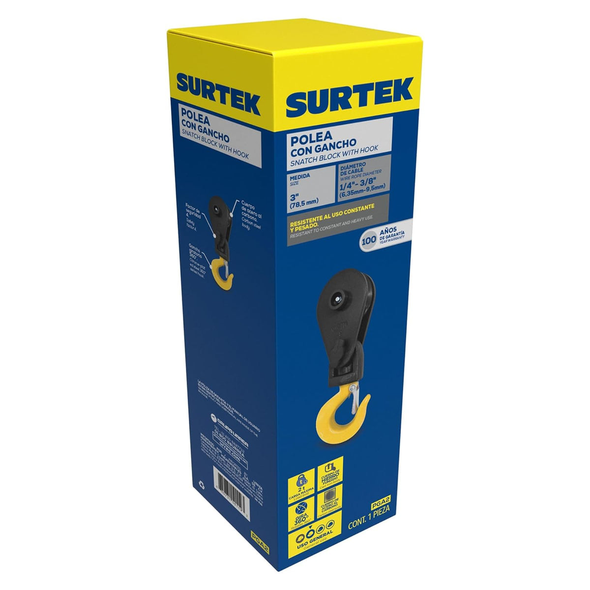 Surtek PGA2 Polea con gancho para cable 3/8", 2 ton