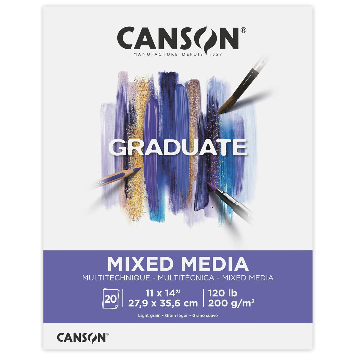 Canson Graduate - Bloc de papel mixto de 28 x 35 cm | Almohadilla plegable, 20 hojas (120 lb/200 g) de papel de artista para adultos y estudiantes, para acuarelas, marcadores