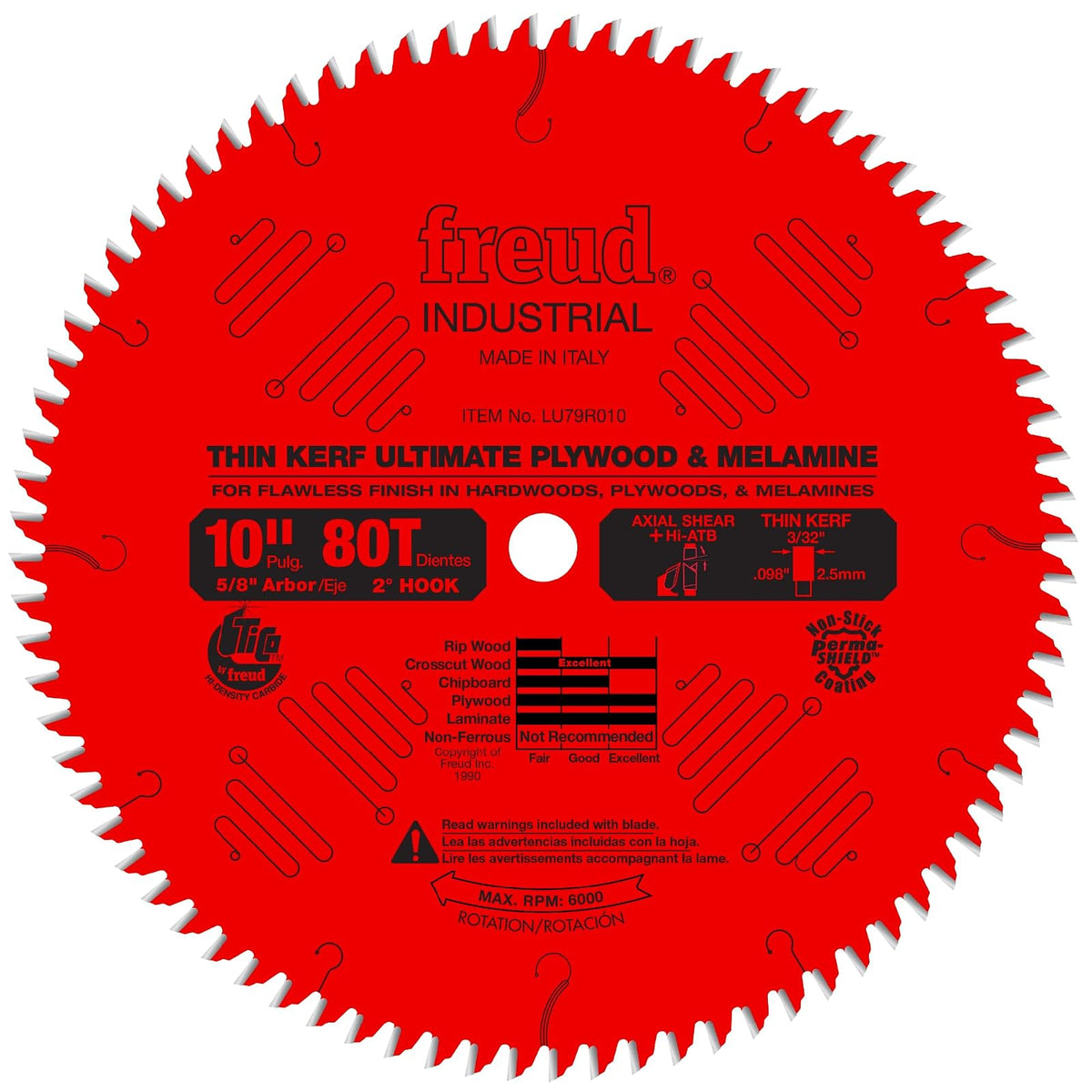 Freud - Hoja de madera contrachapada y melamina Thin Kerf Ultimate de 10 pulgadas x 80T (LU79R010) - Hoja de sierra de madera contrachapada y melamina Thin Kerf Ultimate de 10 x 80 t Hi-ATB de 5 - 8 pulgadas con revestimiento Perma-Shield