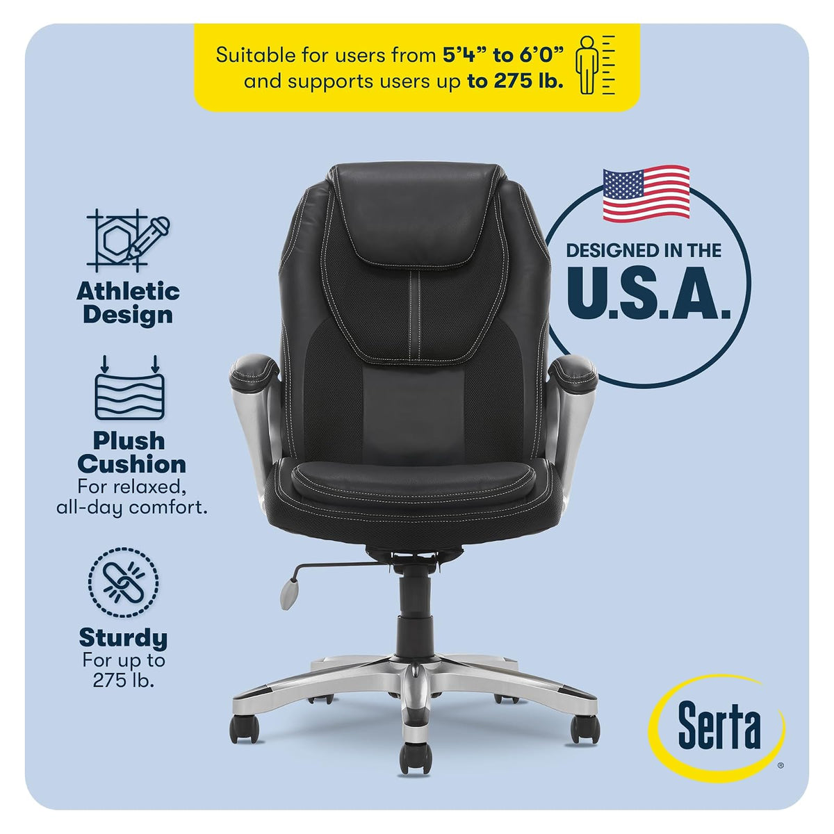 Serta 43673 Silla ejecutiva de cuero sintético, Negro