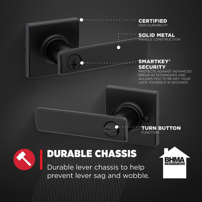 Kwikset - Manija de puerta de entrada Breton con cerradura y llave, palanca reversible con llave segura, para entrada frontal y dormitorios, negro mate, resistente a la púa Smartkey Rekey Security y