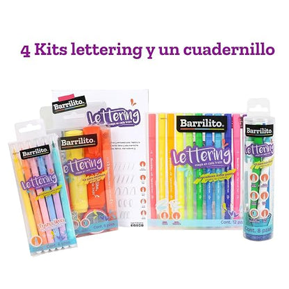 Barrilito Kit de Lettering con 5 Puntas Diferentes, Cuadernillo de Práctica y Cintas Washi