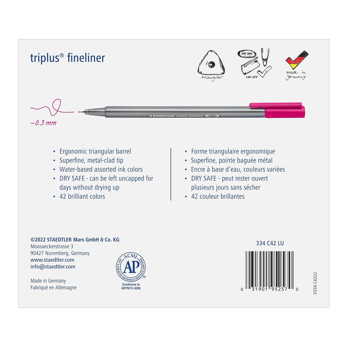 STAEDTLER Fineliner Triplus 42pcs Punta Superfina, Revestida de Metal, Ancho de Línea 0.3mm, Forma Triangular Ergonómica