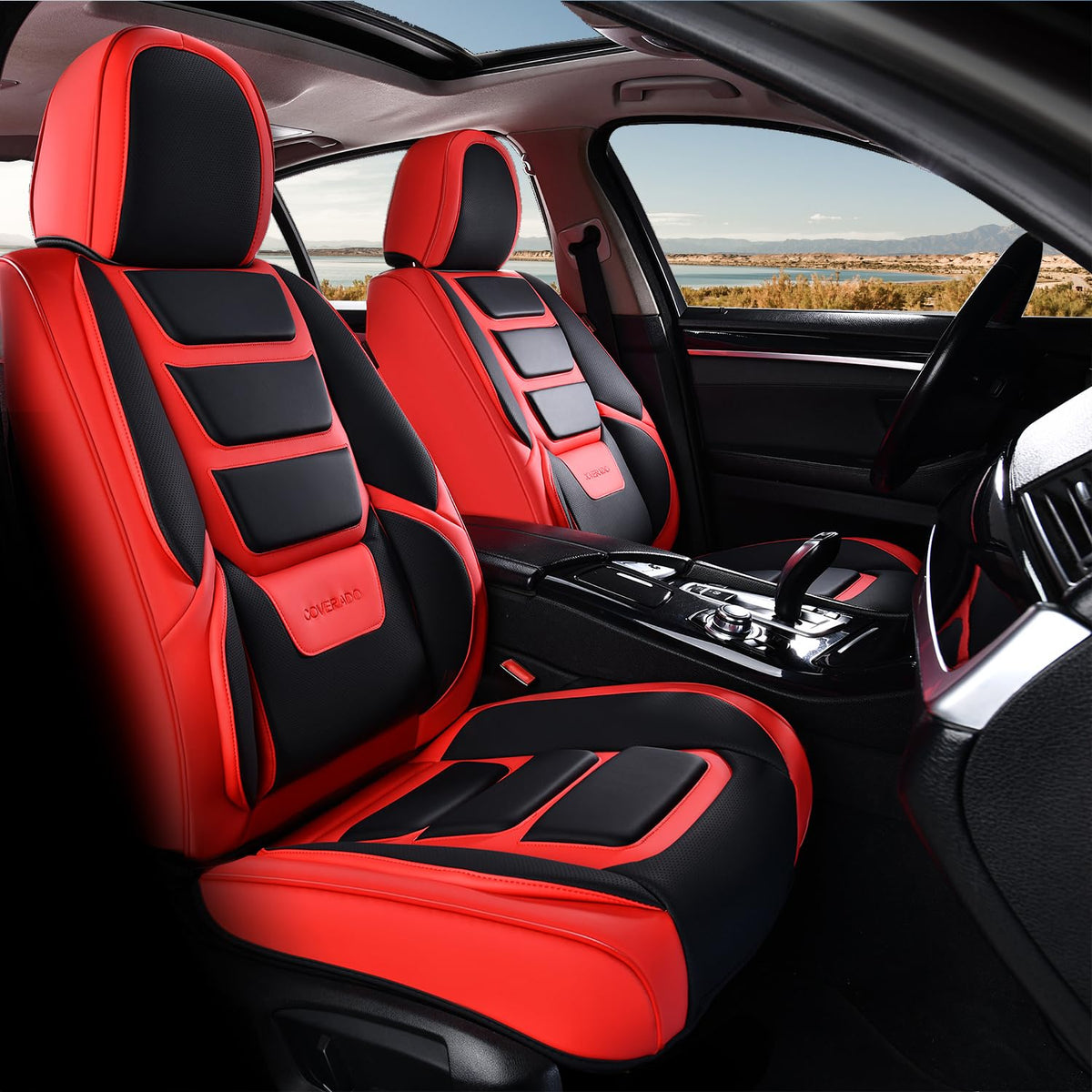 Coverado Fundas de Asiento Delantero de Piel Napa, Impermeables, Ajuste Universal - Negro_rojo - Front Pair