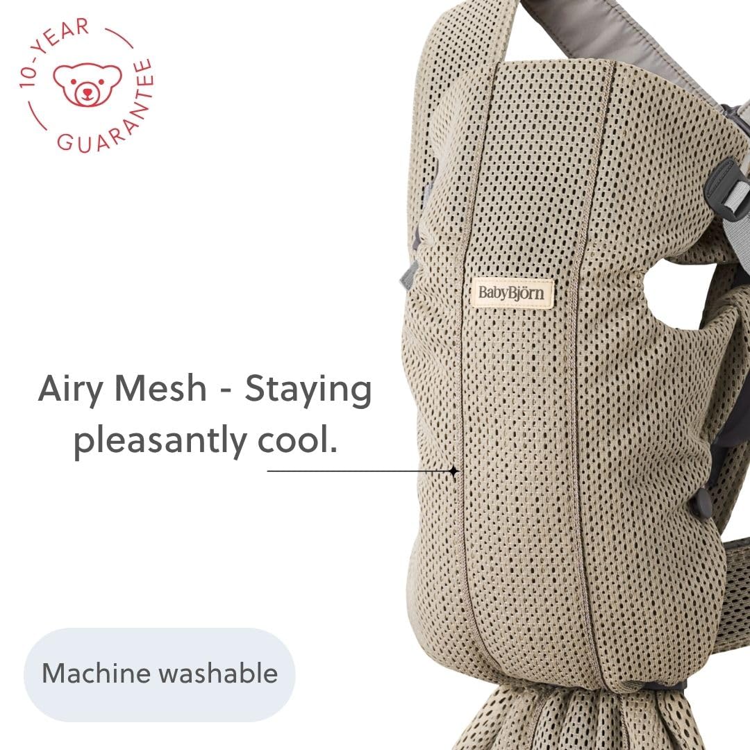 BabyBjörn Canguro Portabebé Mini, Gray Beige, 3D Mesh Newborn Carrier (7-15 lbs), Ergonomic, Easy-to-Use
