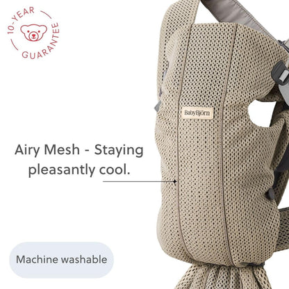 BabyBjörn Canguro Portabebé Mini, Gray Beige, 3D Mesh Newborn Carrier (7-15 lbs), Ergonomic, Easy-to-Use