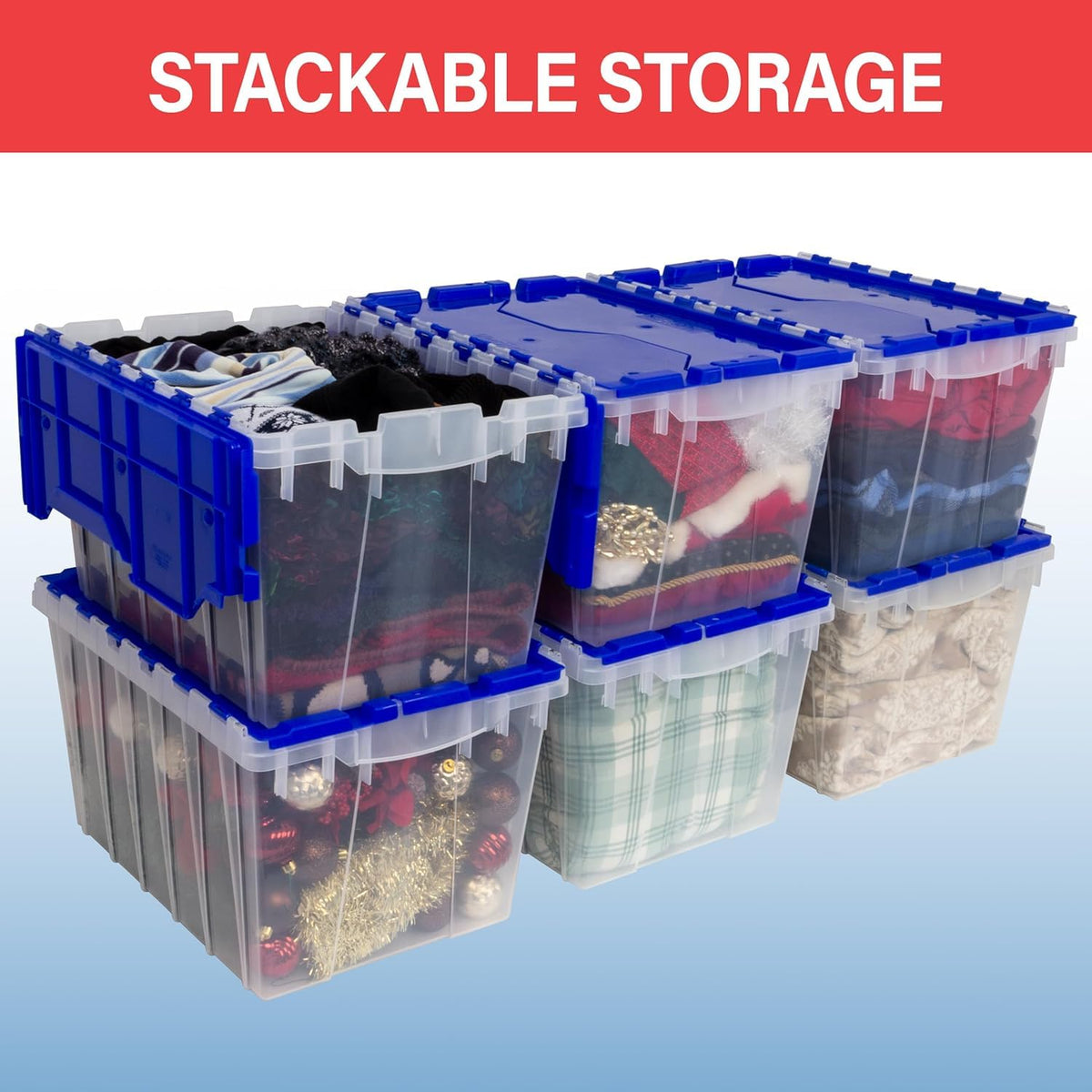 Akro-Mils KeepBox - Contenedor de almacenamiento de 12 galones, caja de almacenamiento de plástico apilable y anidable con tapa adjunta, bolsa transparente para garajes, armarios y mudanzas, 21-1/2 x
