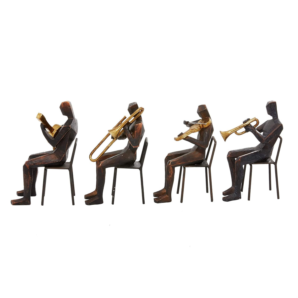Deco 79 Polystone - Escultura Decorativa para músico, decoración del hogar, estatuas con Instrumentos Dorados, Juego de 4 Cifras Decorativas de 5 Pulgadas de Ancho, 8 Pulgadas de Alto, café