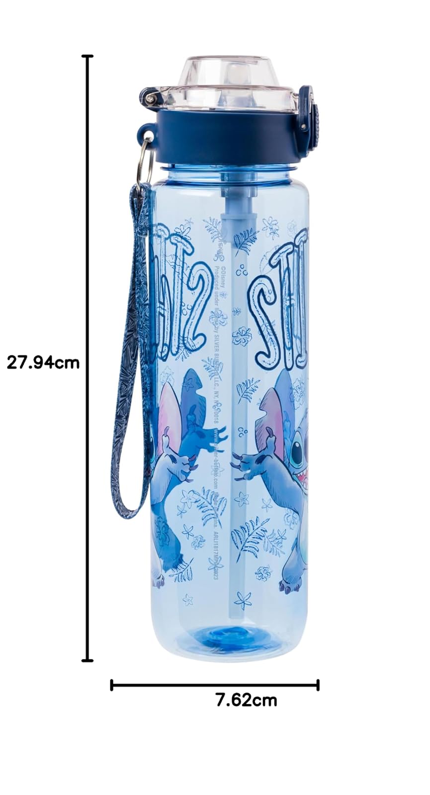 Silver Buffalo Disney Lilo and Stitch Botella de agua de plástico con tapa de bloqueo, correa y popote, 32 onzas