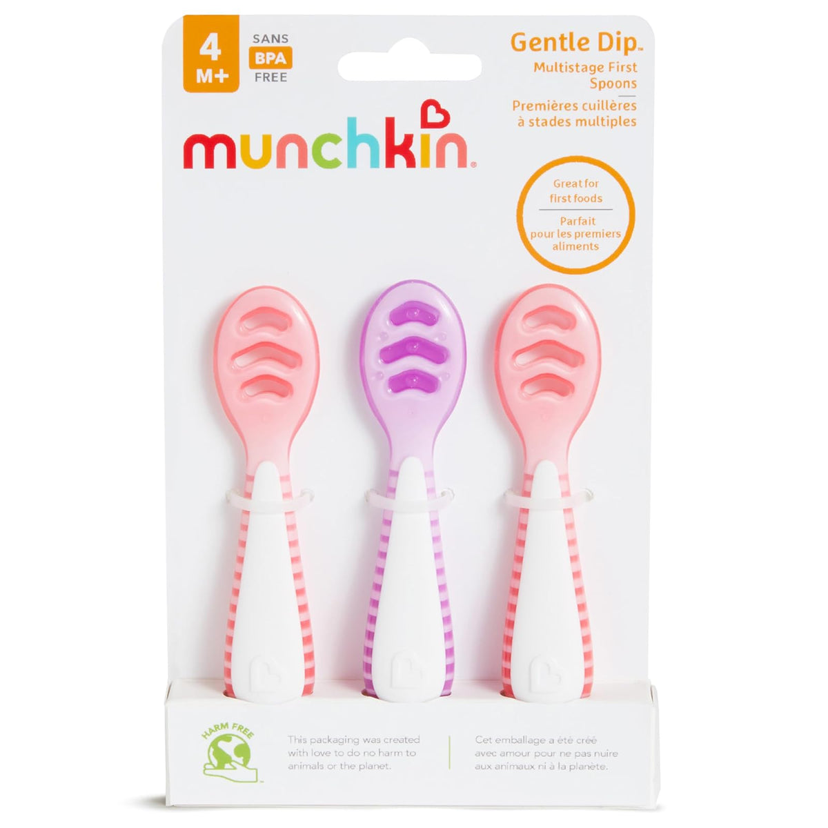 Munchkin - Juego de primera cuchara Gentle Dip multietapa para destete, autoalimentación, sólidos y purés dirigidos por el bebé, Paquete de 3, Coral/Púrpura