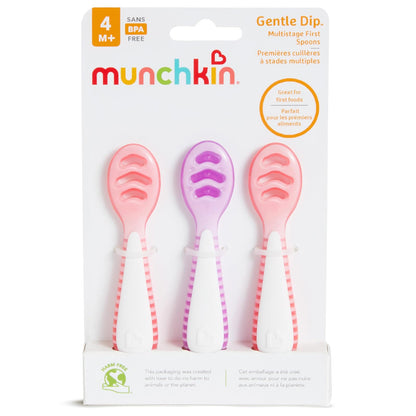 Munchkin - Juego de primera cuchara Gentle Dip multietapa para destete, autoalimentación, sólidos y purés dirigidos por el bebé, Paquete de 3, Coral/Púrpura