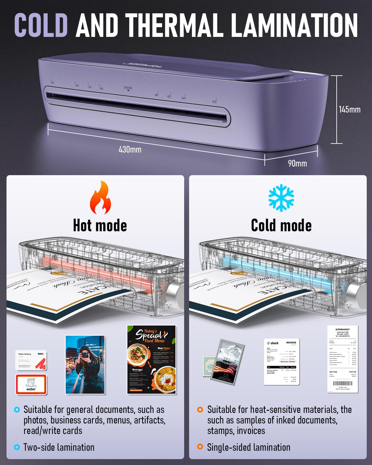 Máquina laminadora de laminación térmica de 13 pulgadas de ancho 9 en 1 máquina laminadora A3 en frío para personal de profesores, máquina laminadora de calentamiento de los 60 años sin atascos, 11 x