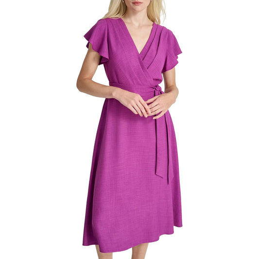 DKNY Short Flutter Sleeve Surplice Tie Waist Belt Midi Dress VestidoMujer