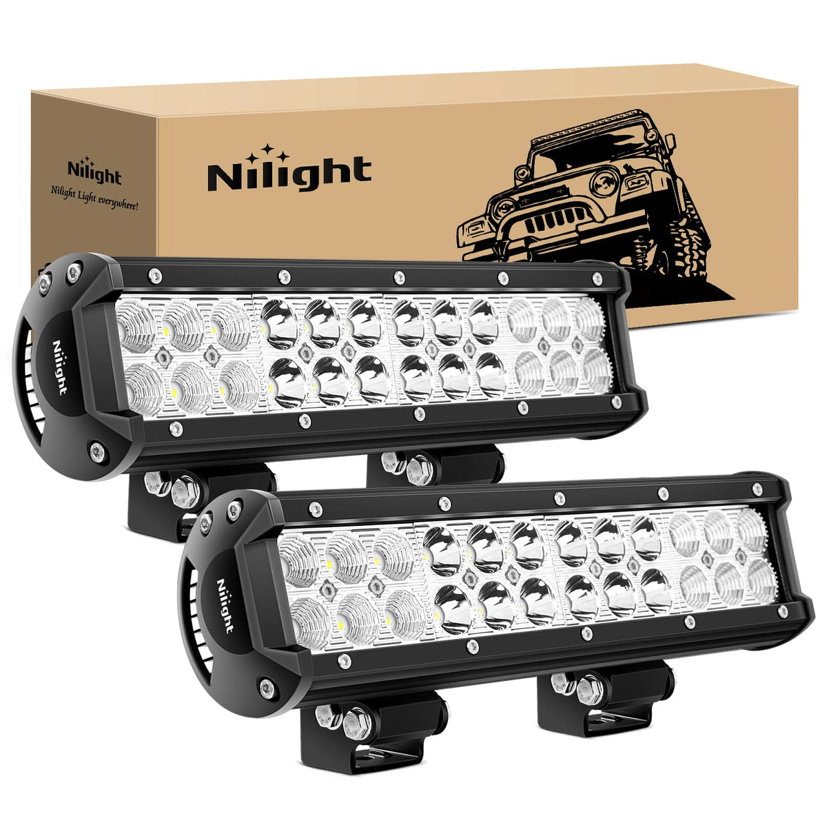 Nilight Barra de luz LED, 2 Piezas, 12 Pulgadas, 72 W, Foco de inundación, Luces LED de conducción, Luces antiniebla, Luces de Jeep LED, luz de Trabajo, 2 años de garantía