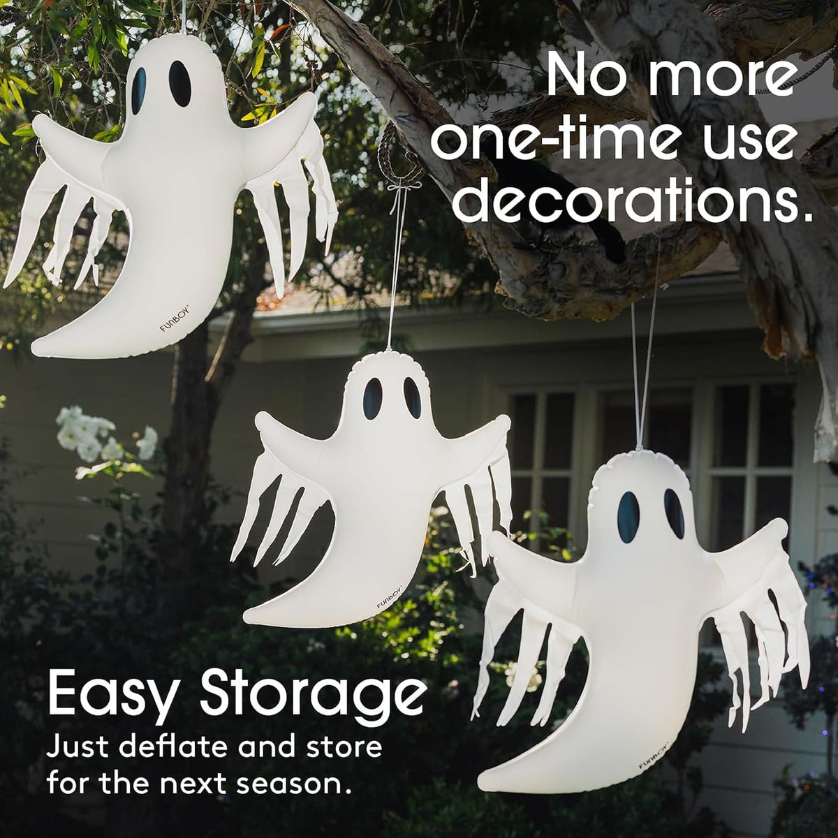 FUNBOY - Decoración Colgante de Fantasma de Halloween (Paquete de 3) – Incluye ventosas y Perchas, Decoraciones espeluznantes para Interiores y Exteriores