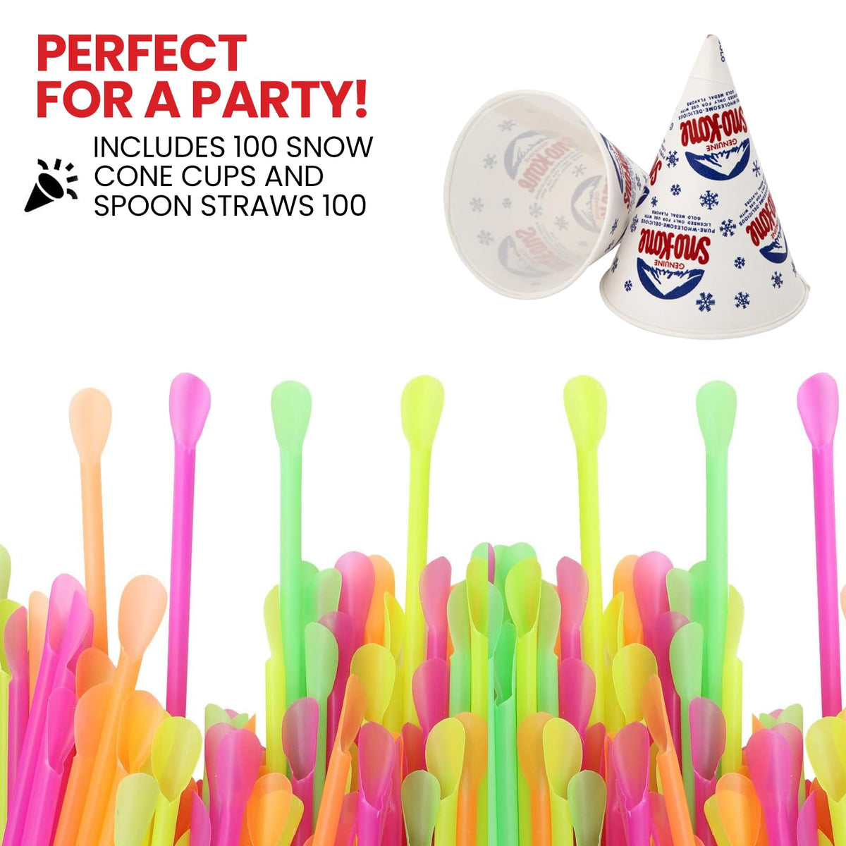 Concession Essentials 200 tazas de cono de nieve de 6 onzas con 200 popotes de neón de 8 pulgadas