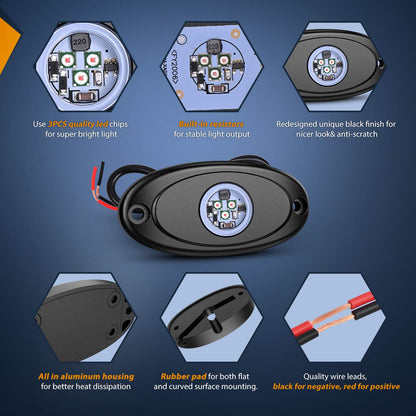 Nilight - Juego de 4 Luces LED de Roca para Ruedas subidas, Impermeables, para Exteriores, bajo la carrocería, Luces Laterales para Automóvil, camión, camionetas, ATV, UTV, SUV, Motocicleta, Barco, Color