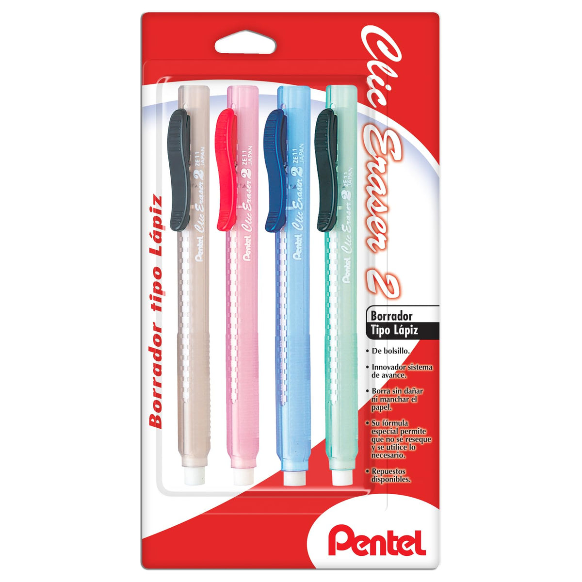Pentel ZE21TBP3M Clic Eraser Grip Retractable Eraser with Grip, Assorted Barrels, 4 Pack