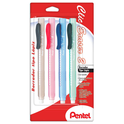 Pentel ZE21TBP3M Clic Eraser Grip Retractable Eraser with Grip, Assorted Barrels, 4 Pack