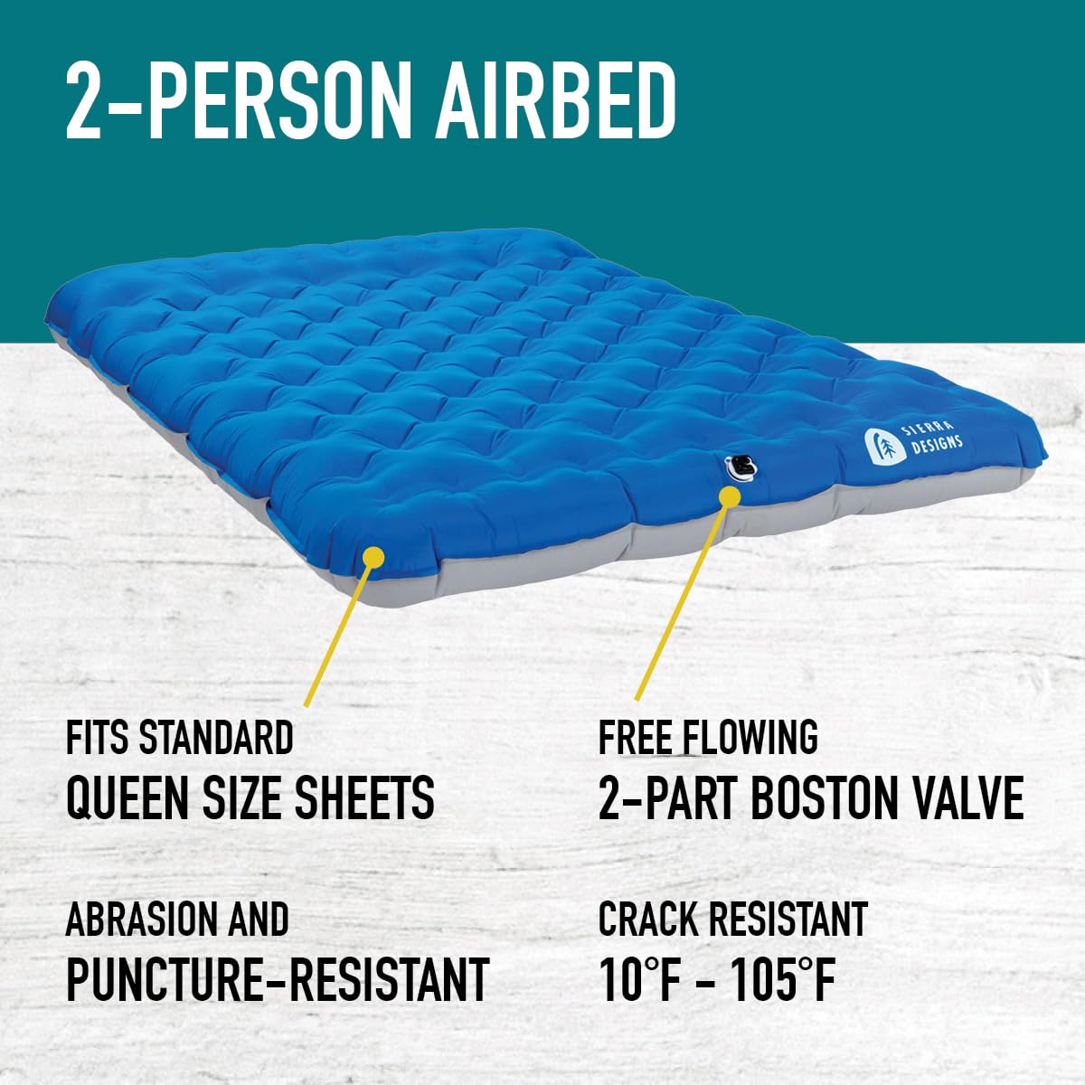 Sierra Designs Queen Campaign Colchón de Aire | Cama de Aire para Automóvil, Camping y Viajes, construcción Completa de TPU Significa Que no Hay Materiales dañinos o tóxicos, Incluye Bomba de inflado