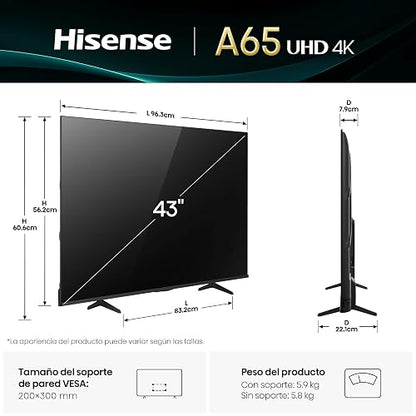 Hisense Television A65N (Modelo 2025) Pantalla 43 Pulgadas, Smart Vidaa TV UHD 4K,Control Remoto por Voz con Alexa, Dolby Vision, Amplia Gama de Colores, Modo de Juego Plus, ALLM