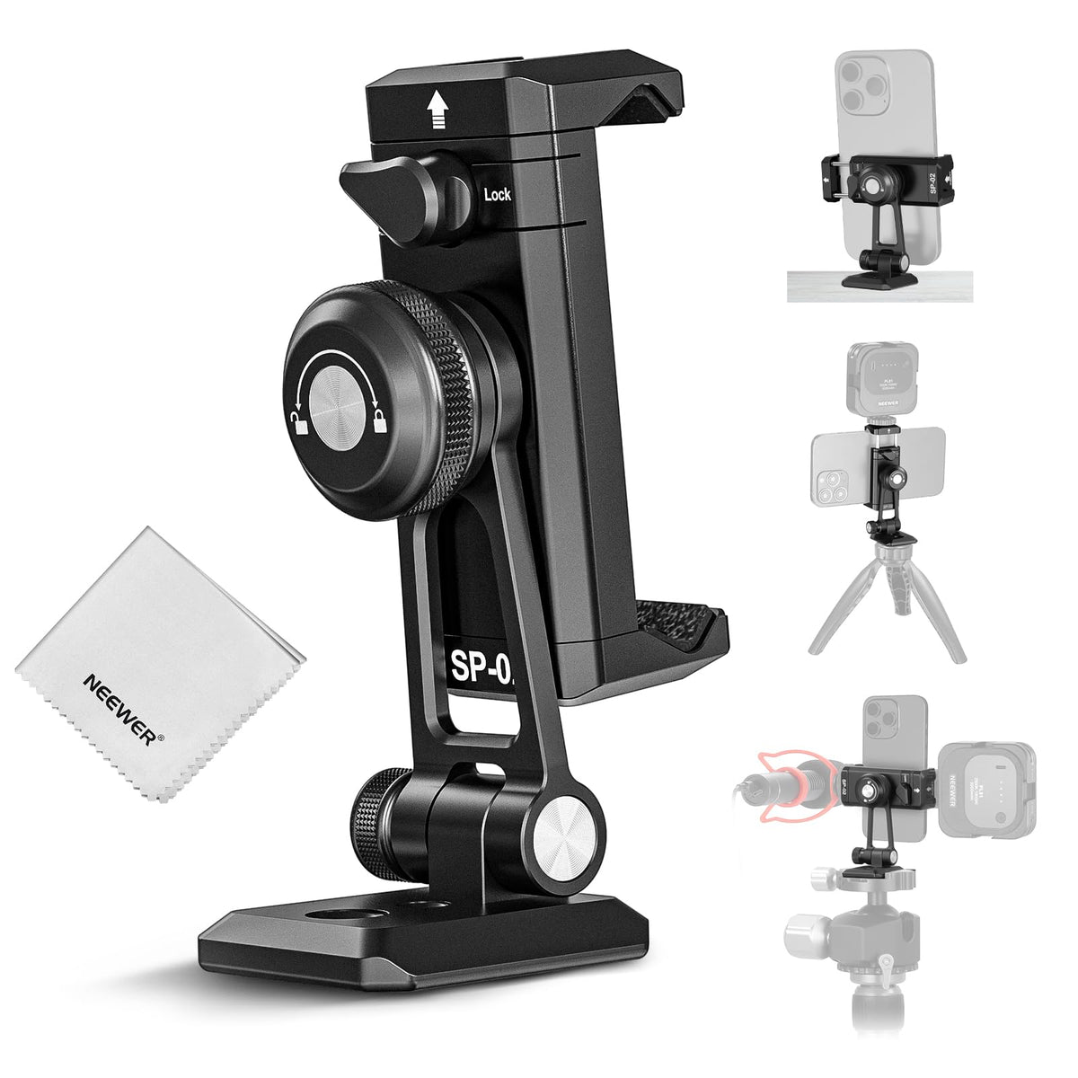 NEEWER SP-02 Típode Móvil Montaje Adaptador con Placa Liberación Rápida Arca Zapata Fría 360° Rotación 180° Tilt Paño Limpieza, Soporte Plegable Compatible con iPhone Android Samsung para Grabación