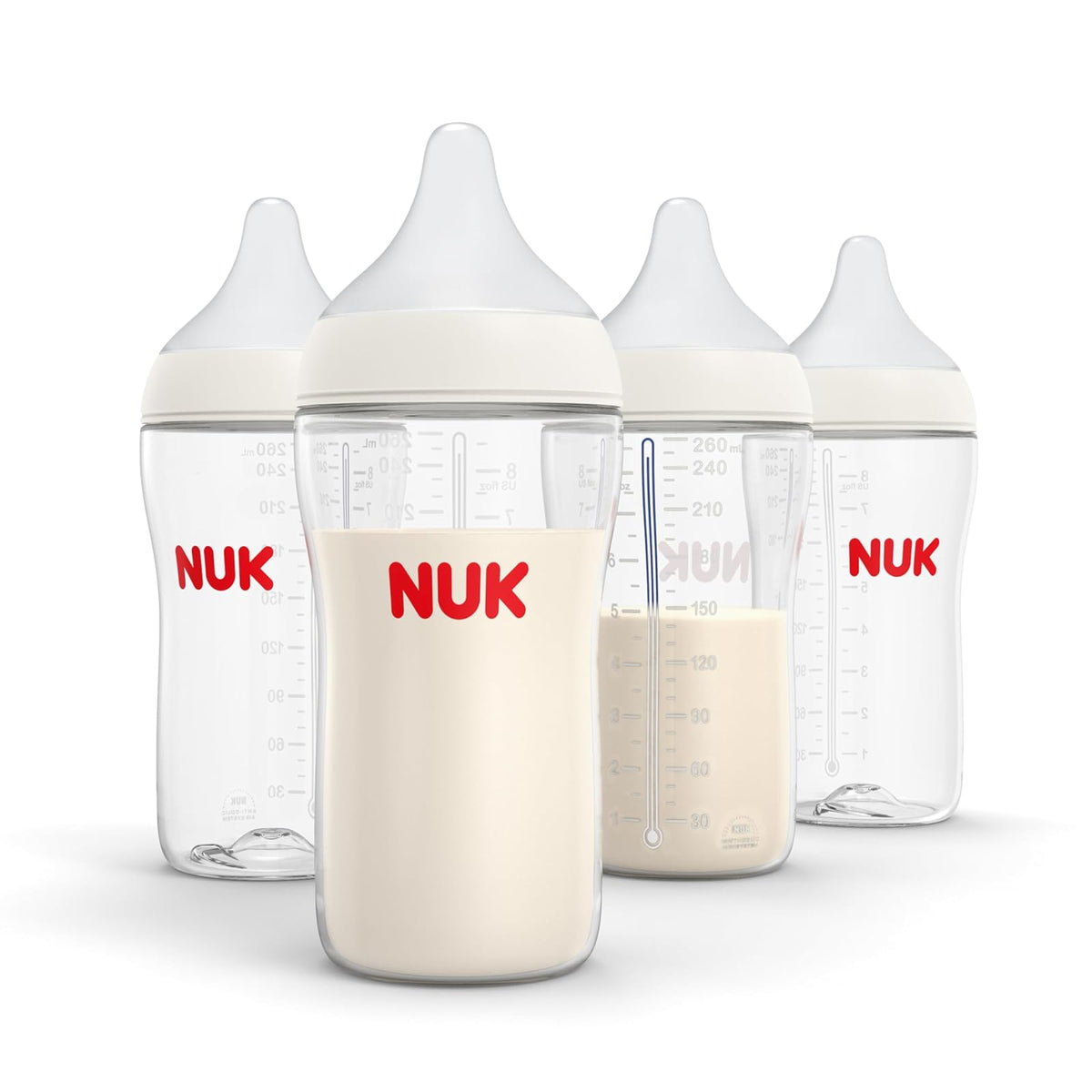 NUK Perfect Match Botella 2 en 1 natural y anticólicos con flujo medio, amplio, pezón adaptable, 8 onzas, paquete de 4, sin BPA