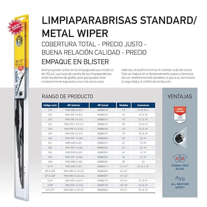 Hella Juego de 2 Plumas Limpiaparabrisas Metal Wiper 14" y 24" (35.5 y 60.9 cm), Nano-Grafito, Acero Inoxidable