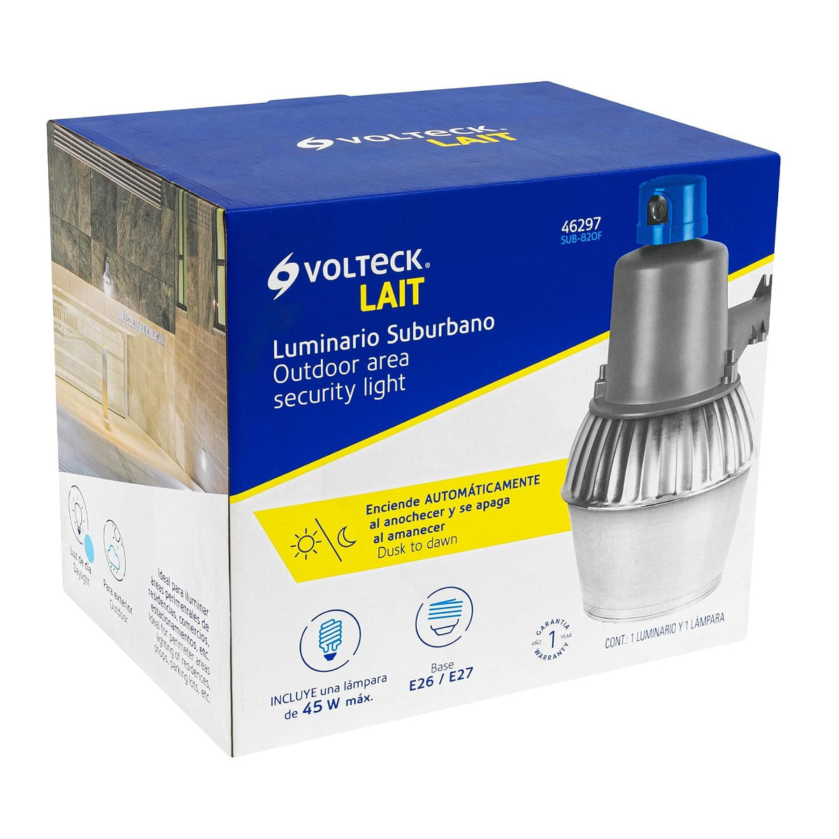 Volteck SUB-820F, Luminario suburbano cuerpo de aluminio 45 W con sensor de luz, con lámpara, luz blanca fría 6500K, IP 23
