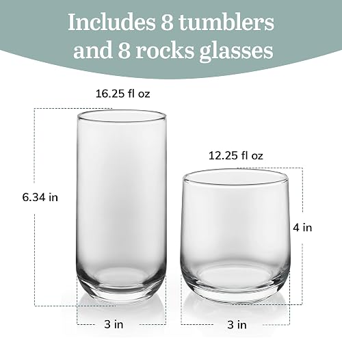 Libbey Juego de 16 Vasos de Vidrio Ascent de 473 ml y 384 ml