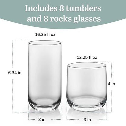 Libbey Juego de 16 Vasos de Vidrio Ascent de 473 ml y 384 ml