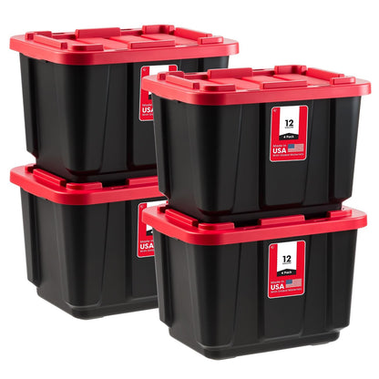 IRIS USA 4 Contenedores Resistentes de 12 Gal con Tapa, Rojo | Diseñado para equipo estacional y suministros. Forma apilable que aprovecha espacio en garajes y estantes.