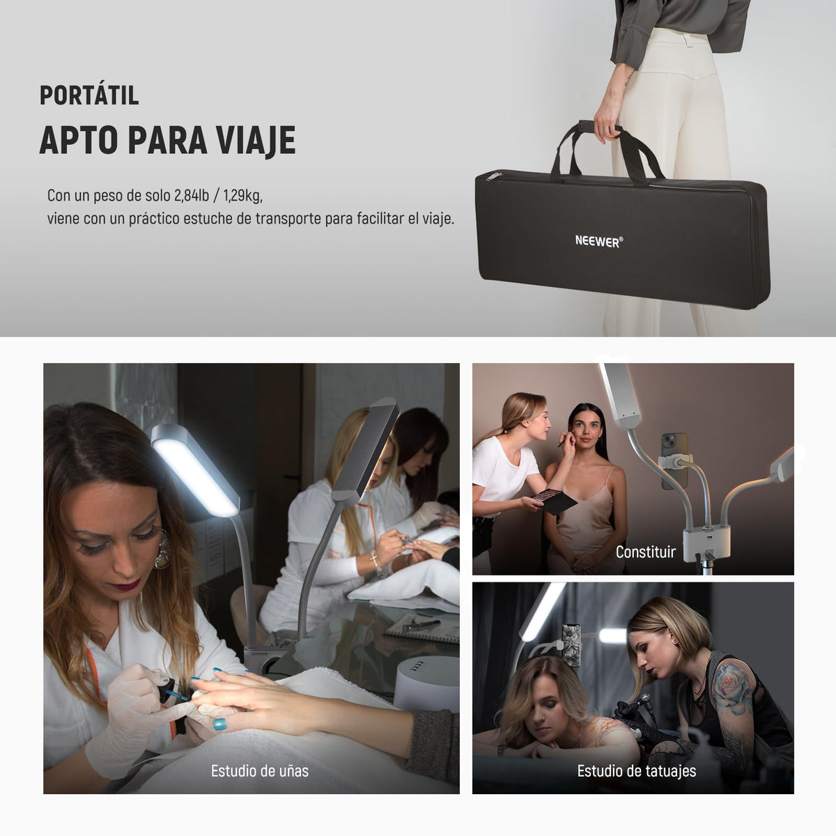 NEEWER Iluminación Fotografía Bicolor con Soporte para Celular, Compatible con 2.4G/PC/Mac y Control de 2 Cabezal Luz Video, Lámpara con Doble Brazo para Maquillaje, Pestañas, Cejas, Tatuajes, BH40B