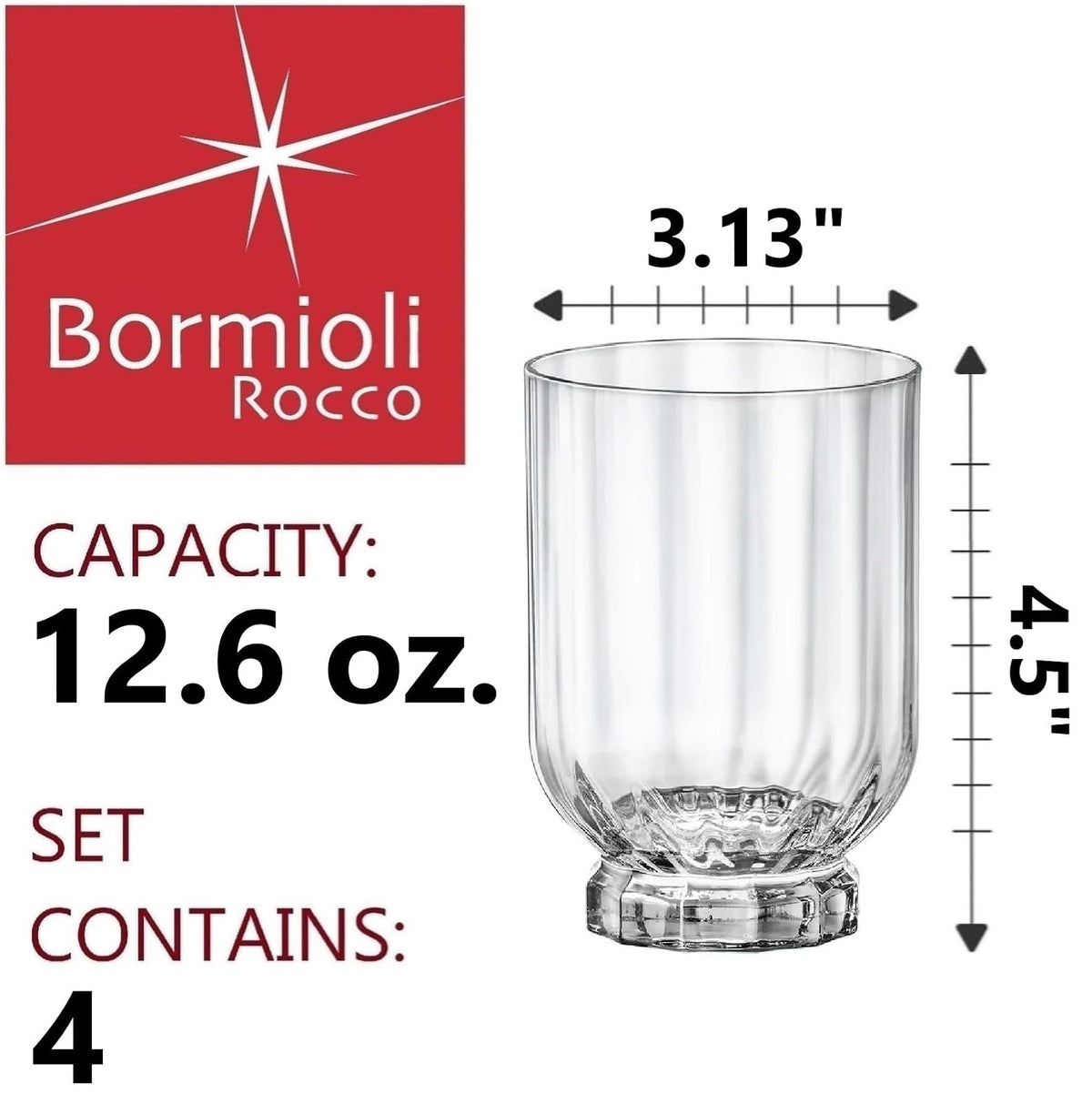 Bormioli Rocco Florian 12 oz doble anteojos DOF antiguas, transparentes, juego de 4, vasos decorativos de mesa, hecho en italia.