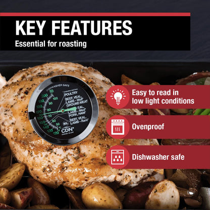 CDN Termómetro de carne a prueba de horno – Esfera brillante | ProAccurate® | Esfera de fácil lectura de 2 pulgadas | Impermeable, recalibrable | Para asar al horno, aves de corral, carne de res
