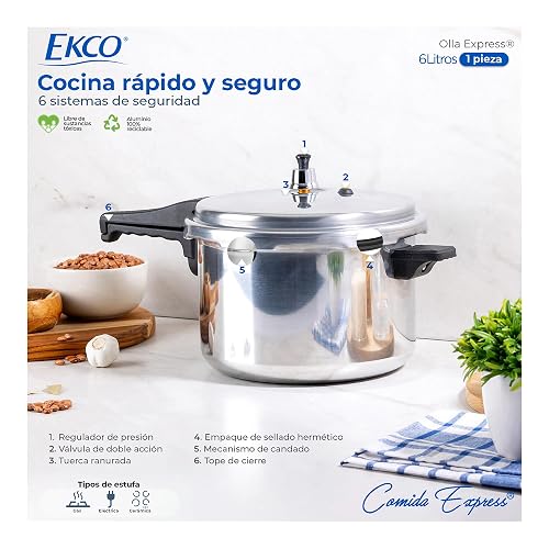 Ekco | Olla Express de 6 Litros One Aluminio con 6 Sistemas de Seguridad | Cuerpo y tapa de aluminio, Cocción rápida, Mangos de baquelita, Cierre hermético, Certificado NOM