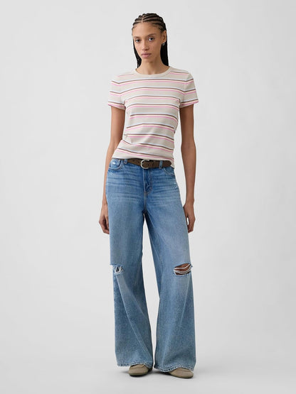 GAP - Playera de Punto Acanalada de Manga Corta para Mujer