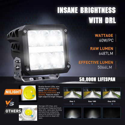 Nilight 4 Inch Square LED Pod Lights with DRL 60W 6487LM 10 Degree Super Spot Beam 16AWG Wiring Harness Kit for Auxiliary Offroad Driving Work Lamp for Truck UTV ATV SUV 4x4 Jeep