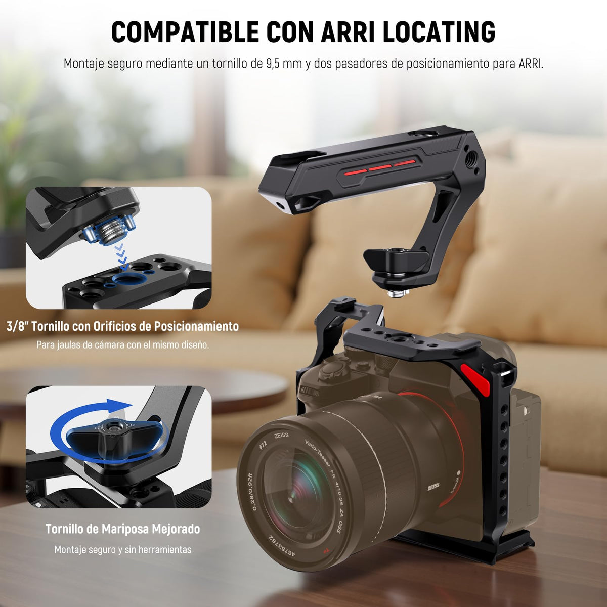 NEEWER BÁSICO Top Handle Cámara Ligera con 3/8" Pin para ARRI, Resistente Jaula Plástica Empuñadura Handle Grip w/ 1/4" 3/8" Agujeros Tornillo & Zapata Fría para Luz Video Mic, Carga Máx 10kg, CA142