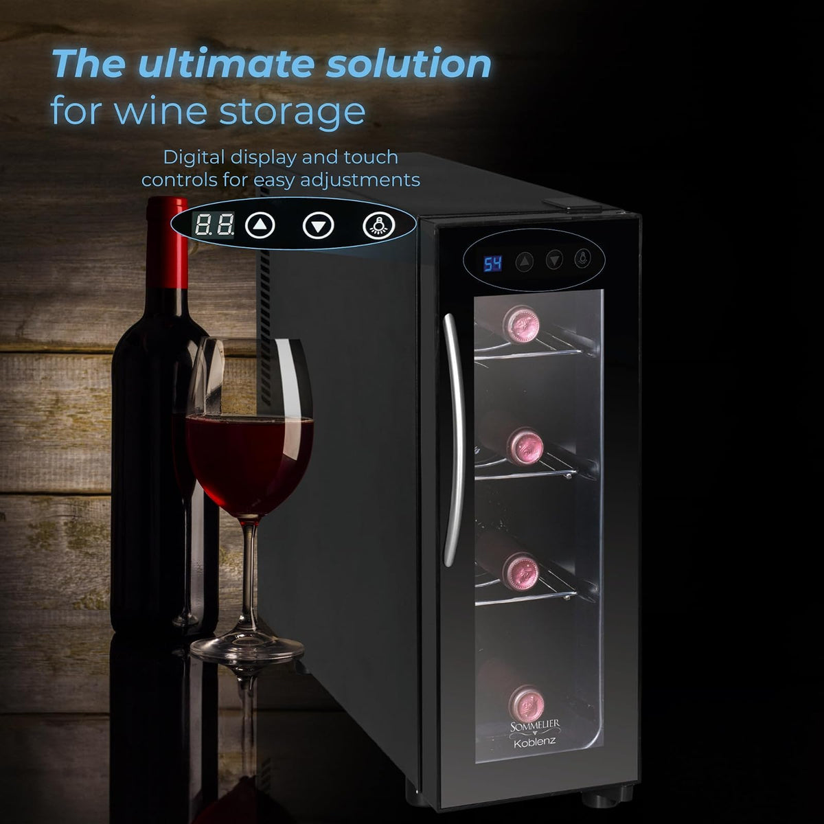 Koblenz Cava Enfriadora de Vinos de 4 Botellas de 750 ml, Temperatura de Una Zona, Cava de Vinos Termoeléctrica con Pantalla Digital y Controles Táctiles de Temperatura, Negro (EVFK-04)