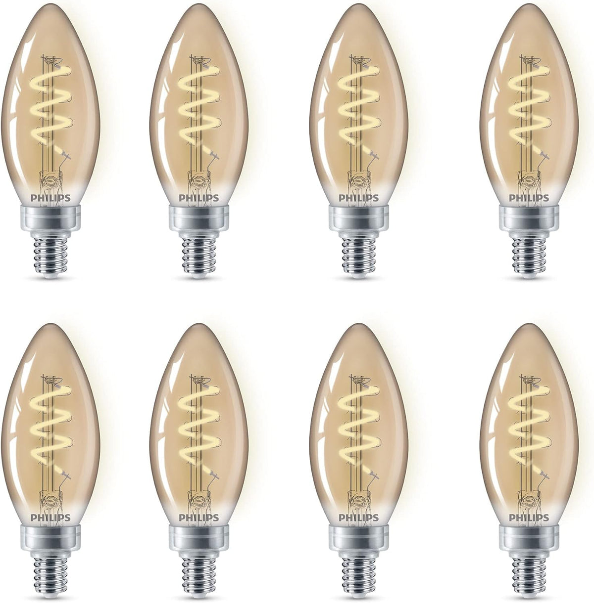 PHILIPS LED 25 W B11 paquete de 8 bombillas clásico Edison en espiral ámbar (2000 K), 225 lúmenes (3.5 W = 25 W) regulables sin parpadeo