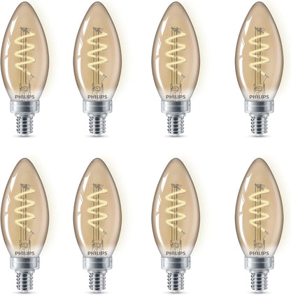PHILIPS LED 25 W B11 paquete de 8 bombillas clásico Edison en espiral ámbar (2000 K), 225 lúmenes (3.5 W = 25 W) regulables sin parpadeo