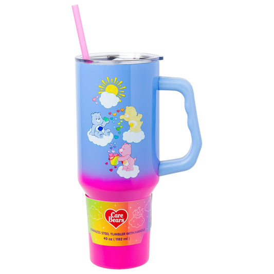 Silver Buffalo Care Bears con oso gruñón, Funshine y Love-A-Lot Bear Heart Showers Vaso de acero inoxidable de doble pared con mango y popote, se adapta a portavasos estándar, 40 onzas